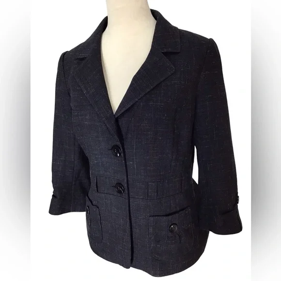 Classiques Entier Dark Blue Wool Linen Lined 3/4 Sleeve Blazer Jacket Size 8 - Picture 2 of 7